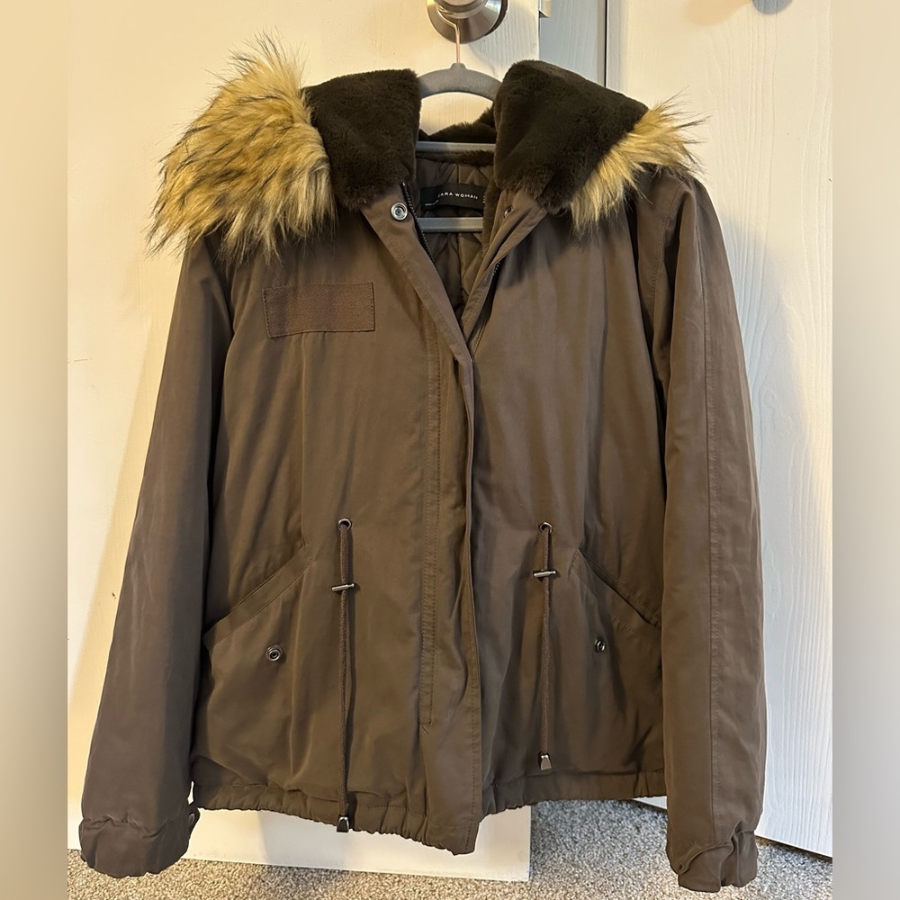 Zara Faux Fur Parka Jacket Women’s Size Medium in Brown
